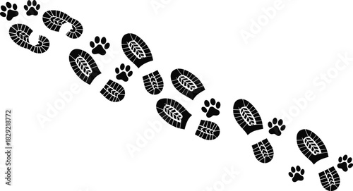 Human boot footprints and dog paw prints, walking trails, pet owner, adventure, nature hike, trace, journey, black vector illustration.