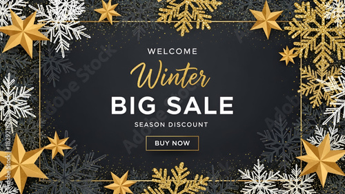 Elegant Black And Gold Winter Big Sale Seasonal Discount Banner With Sparkling Snowflakes And Shiny Stars Perfect For Exclusive Shopping Events Offering Unlimited Special Deals And Merry Christmas 