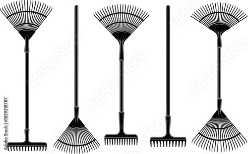 Garden rake silhouettes, diverse leaf rake and soil rake tools, gardening equipment, lawn care, agriculture, black vector illustration set.