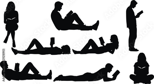People reading books silhouettes, diverse poses, lying, sitting, standing, learning, leisure, education, hobby, black vector illustration set..eps