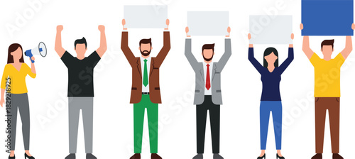 Protesting crowd vector illustration, people holding placards, megaphone, strike, demonstration, activism, protest, diverse group, social movement, flat design.