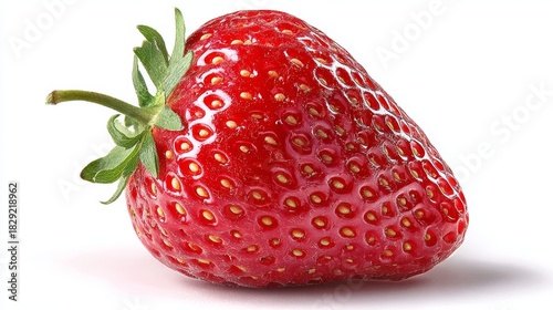 Macro View of a Fresh Red Strawberry with Seeds and Green Stem on White Background, Close-up of a Perfectly Ripe and Juicy Berry.