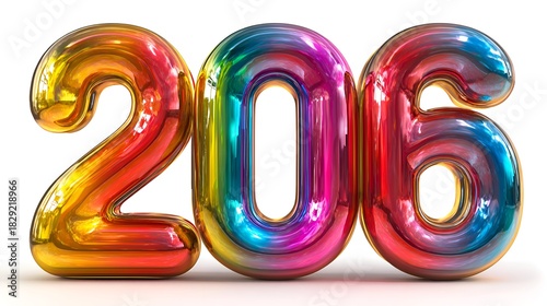Number two hundred six is rendered in vibrant holographic foil balloon style reflecting colorful light on a white surface perfectly centered view.