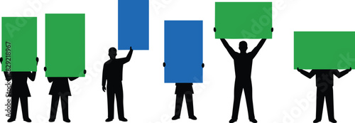 Protesting people silhouettes holding blank green and blue signs, demonstration, activism, rally, space for text, black vector illustration set.