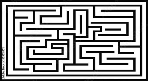 Rectangular black and white maze, complex labyrinth puzzle, challenge, solution, problem solving, logic game, vector graphic illustration.