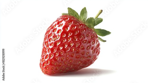  Close-up of a Vibrant Red Strawberry with Green Stem and Seeds on White Background, Fresh Fruit.