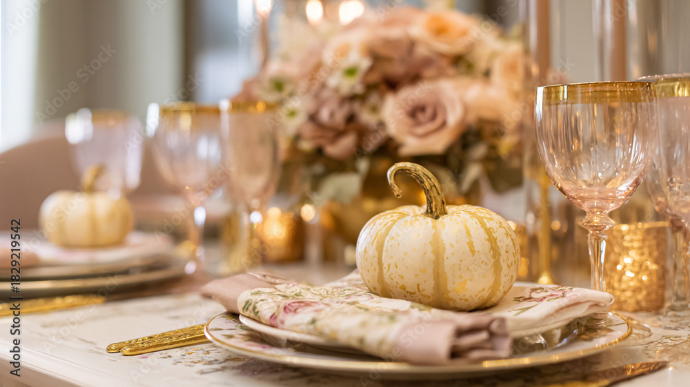 Naklejka premium Seasonal decor with pumpkin, natural element, styled ornament and home detail arranged in an autumn setting with warm tone, classic design idea and elegant seasonal