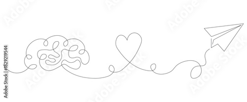 Minimalist continuous line vector drawing connecting brain, heart, and a paper airplane. This concept art symbolizes the journey of an idea, communication of emotions, or the relationship between mind