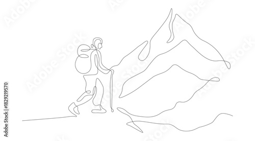 Minimalist continuous line vector illustration of a person hiking up a mountain. Concept art symbolizing a challenging journey, setting goals, overcoming obstacles, and achieving success.