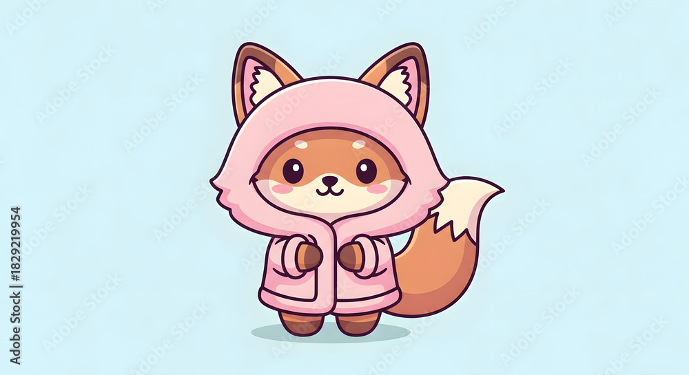Fototapeta premium Charming illustration of an adorable cartoon fox character wearing a cozy pink hooded jacket, radiating warmth and playful cuteness in a delightful graphic design