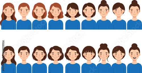 Diverse Women's Hairstyles Vector Set, Smiling Female Avatars with Different Hair Lengths and Cuts
