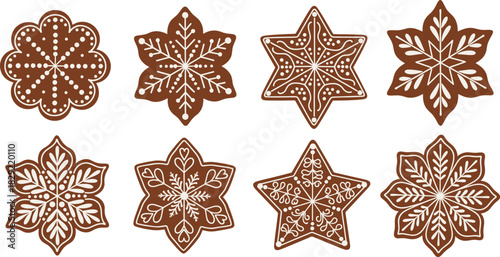 Eight Gingerbread Cookies Vector Set, Intricate White Icing Decoration for Festive Christmas Baking