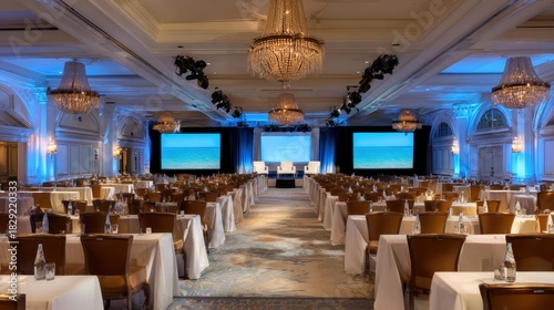 Spacious conference hall with elegant chandeliers, blue lighting, and neatly arranged tables for corporate event or business presentation setting