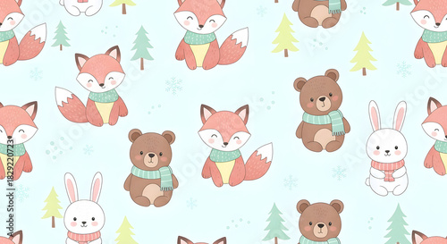 Cute Winter Animals Seamless Pattern with Foxes, Bears, and Rabbits on a Light Blue Background