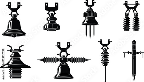 Electrical insulator and connector silhouettes, high voltage components, power transmission parts, industrial energy infrastructure, engineering illustration set, utility design elements