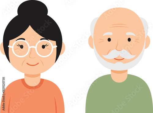 Flat Vector Illustration of Elderly Couple, Smiling Senior Man and Woman Character Avatars