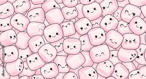 Adorable character marshmallows form a delightful pink seamless pattern, each sweet treat featuring a charming cartoon face, perfect for cheerful backgrounds and whimsical designs