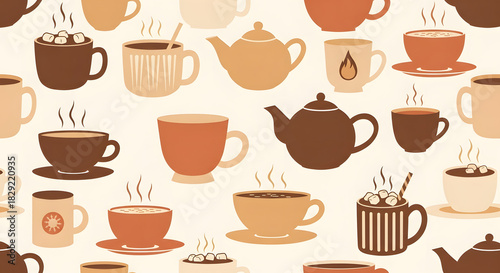 Seamless Pattern of Steaming Hot Beverages An Illustrated Background Featuring Cozy Coffee Mugs, Teacups, and Teapots in Warm Earth Tones
