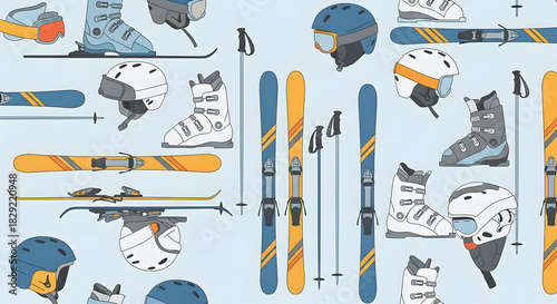 Seamless pattern of ski equipment, featuring alpine skis, boots, poles, helmets, and goggles, ready for winter sports activities and snowy mountain recreation