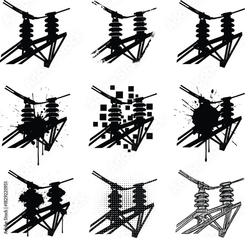 Electrical insulator silhouettes with abstract grunge splatter effects, high voltage power line illustration, industrial energy components, artistic black and white design