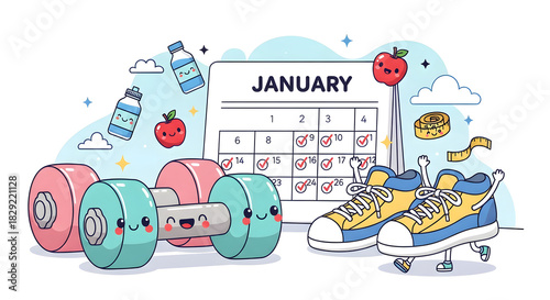Your January Wellness Plan A Cute Illustration of Fitness Goals, Healthy Eating, Exercise Gear, and Calendar Reminders for a New Beginning in Health