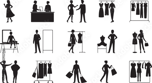 Several silhouettes depicting customers interacting with sales associates and selecting garments from clothes rack on white