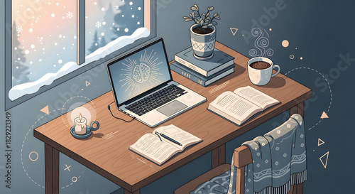Cozy Winter Workspace Laptop, Coffee, and Books by the Window