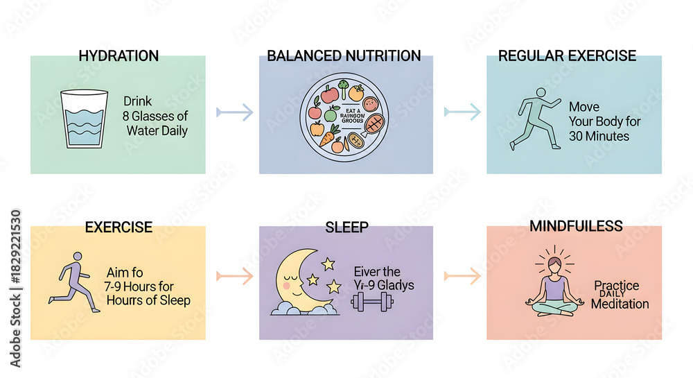 Obraz premium Healthy Lifestyle Simple Steps for Well-being - Hydration, Nutrition, Exercise, Sleep, & Mindfulness
