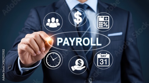 Fototapeta Naklejka Na Ścianę i Meble -  Professional businessman navigating payroll interface for modern finance solutions and HR management, ensuring timely payments and workforce satisfaction
