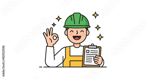 Happy construction worker holding clipboard giving ok sign indicating quality assurance perfect for illustrating construction compliance.