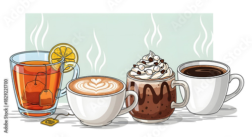 Cozy Beverage Collection Tea, Latte, Mocha, Coffee Illustration