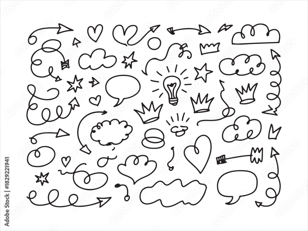 Naklejka premium Hand Drawn Doodle Icons Set | Arrow Speech Bubble Cloud Symbols