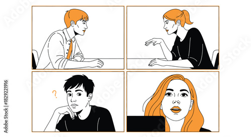 Four people are depicted in a video conference call, isolated on, each in their own square frame, engaged in conversation