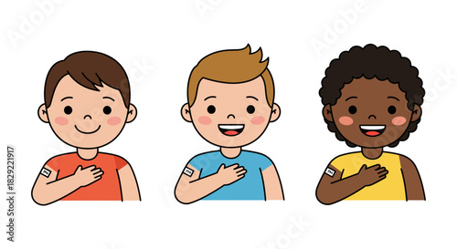 Vaccinated children showing arms with bandages diverse kids with post-vaccination smiles and band-aids promoting child health and vaccine awareness
