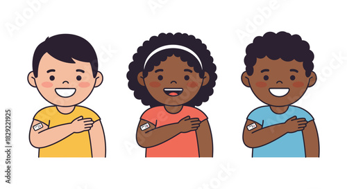 Vaccinated kids with bandage on arm showing patriotism smiling with hand on heart showcasing child health  safety vaccination awareness campaign