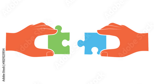 Two hands holding puzzle pieces, one green and one blue, ready to be connected isolated on