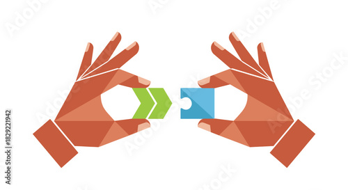 Hands holding puzzle pieces, one green with arrows and the other blue, isolated on, symbolizing connection and solution