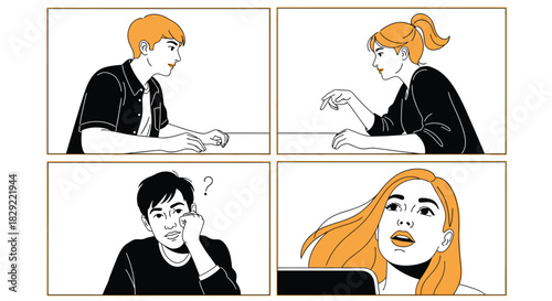 A couple having a conversation, with the man looking thoughtful and the woman looking surprised isolated on