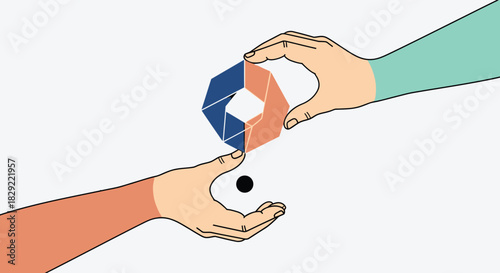 Hands exchanging geometric shapes and a black dot, isolated on, conveying the concept of transformation and interaction