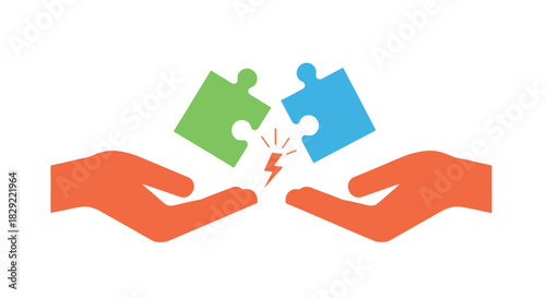Hands holding puzzle pieces with lightning, isolated on, representing a clash of ideas and the potential for conflict