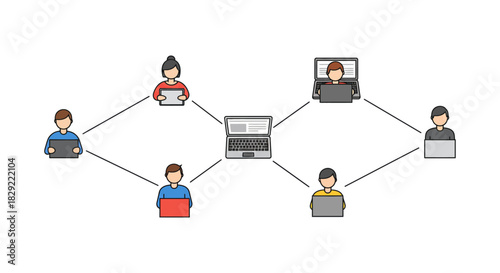 connected network diverse team members collaborating remotely on laptops tablets building digital connection ideal for telecommuting technology