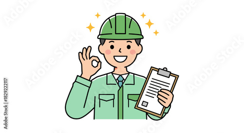 Construction worker with checklist giving ok sign doing inspection on site perfect for conveying safety compliance and quality assurance.