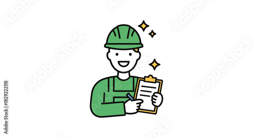 Construction worker with checklist writing notes illustrating inspection and quality control in the building industry perfect for construction company blogs.