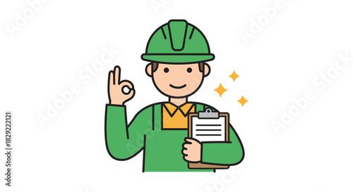 construction worker giving okay sign holding clipboard completing an inspection checklist for safety compliance and regulatory approval at the job site