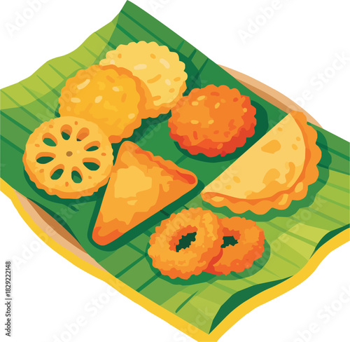 Authentic Indonesian snacks platter, fried delicacies served on banana leaf, festive treats for sharing, delightful savory appetizers, traditional culinary experience