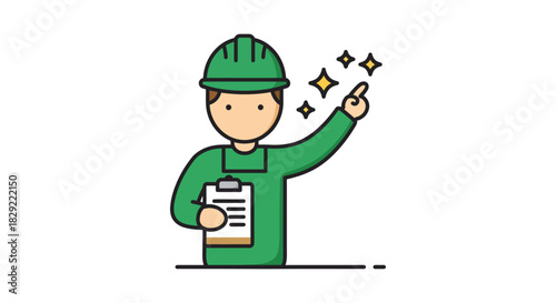Construction worker with clipboard pointing up overseeing project success in hard hat with stars ideal for safety training and building efficiency
