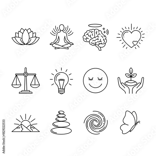 Inspiring collection of icons symbolizing mindfulness balance hope growth creativity peace and positive change for wellness and self improvement concepts