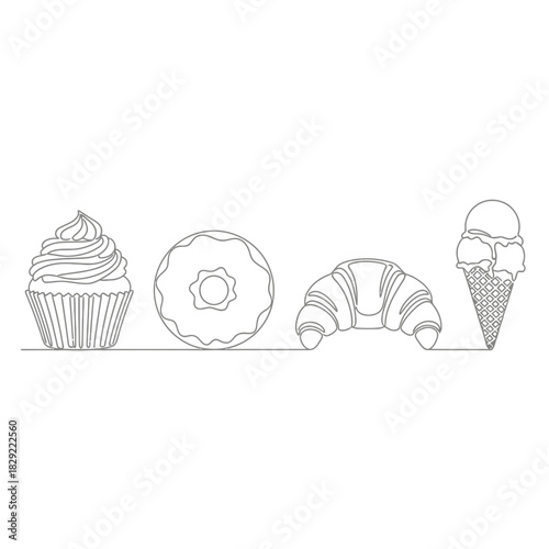 Delightful assortment of freshly baked pastries and frozen treats arranged in a clean, modern line art style perfect for cafes and bakeries