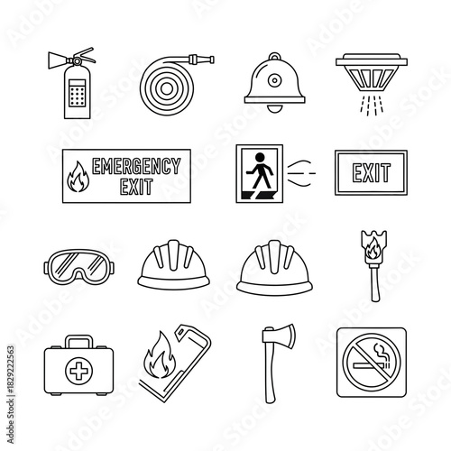 Essential safety and emergency preparedness icons including fire extinguisher, exit signs, first aid kit, and alarm systems