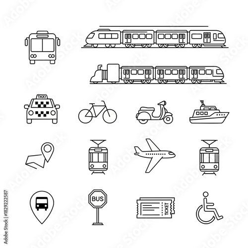 Diverse transportation icons including trains, bus, taxi, airplane, scooter, ship, bicycle, tram, and ticket symbolizing travel and mobility options